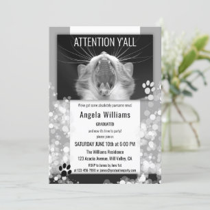Invitación Graduación divertida en blanco y negro de gato