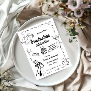 Invitación Graduación doble dibujada a mano con estilo Doodle
