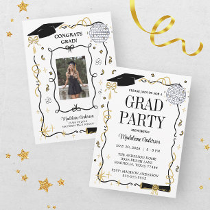 Invitación Graduación Doodle Foto Negra Dorada Caprichosa