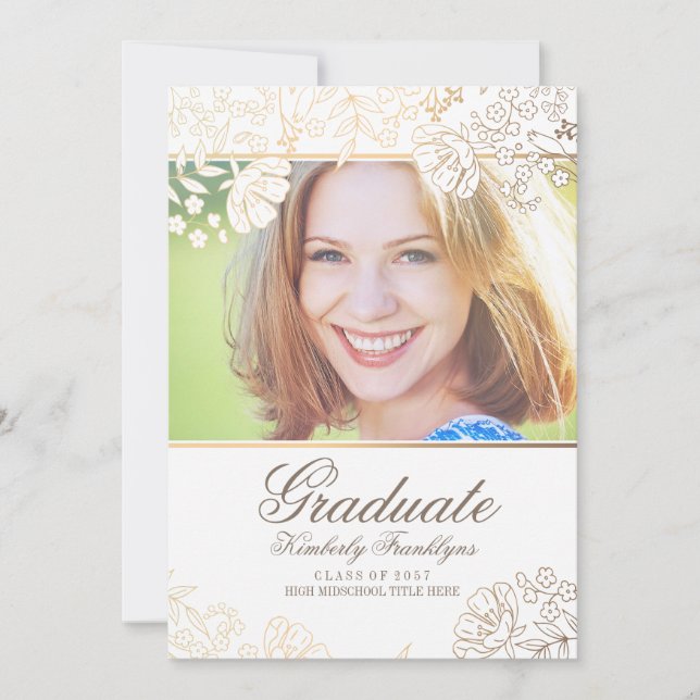 Invitación Graduación dorada y floral blanca (Anverso)