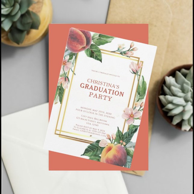 Invitación Graduación Elegante De Fruta De Peach (Celebrate in style with our elegant floral invites.)