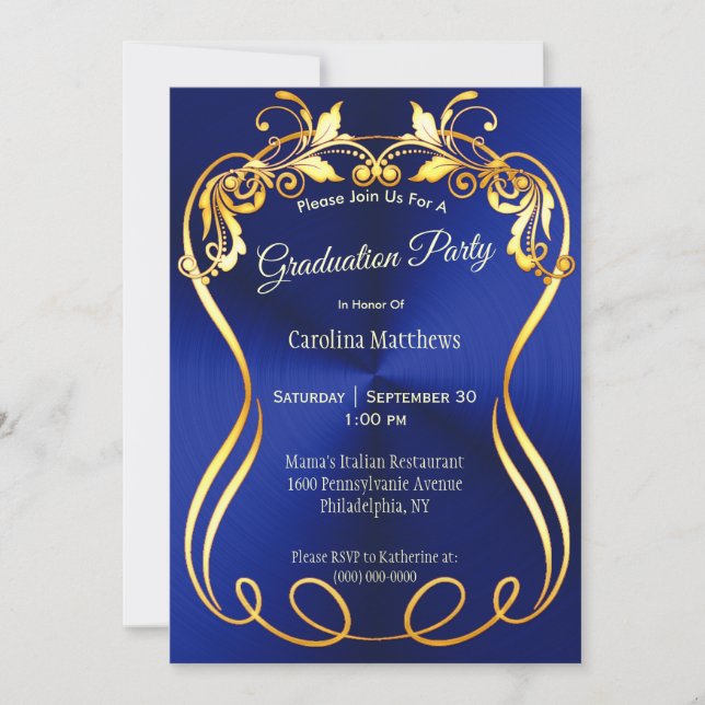 Invitación Graduación Elegante de Oro Azul (Anverso)