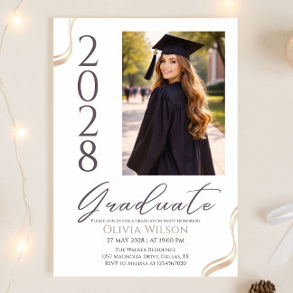 Invitación Graduación Elegante Dorado Negro y Blanco