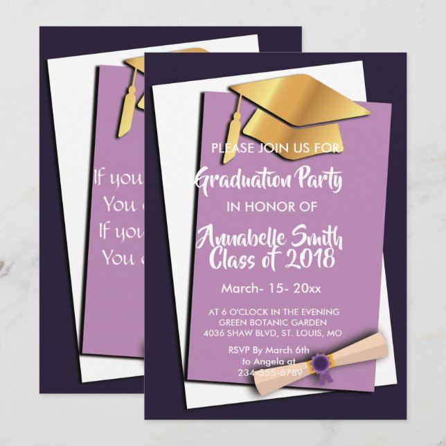 Invitación Graduación elegante dulce púrpura (Anverso / Reverso)
