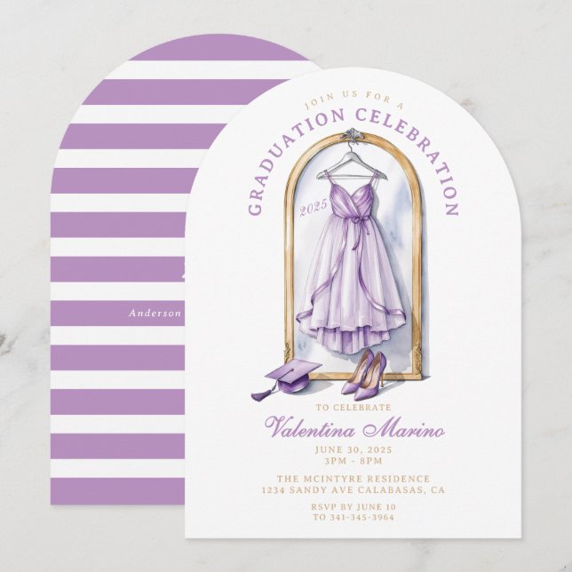 Invitación Graduación elegante y caprichosa de vestir púrpura (Anverso / Reverso)