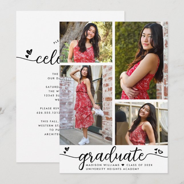 Invitación Graduación en blanco negro 4 Corazones fotográfico (Anverso / Reverso)