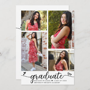 Invitación Graduación en blanco negro 4 Corazones fotográfico