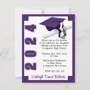 Invitación Graduación en blanco y púrpura en el bloque de esq