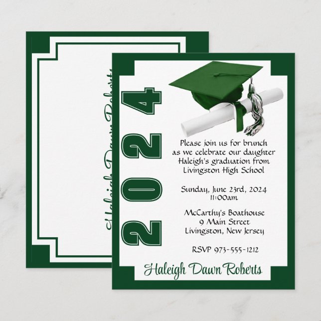 Invitación Graduación en blanco y verde en bloque de esquina (Anverso / Reverso)