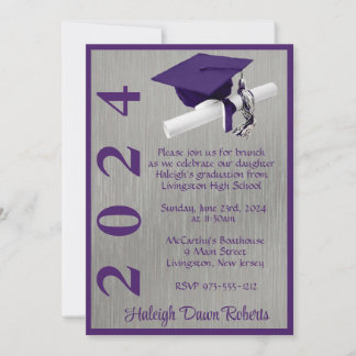 Invitación Graduación en color púrpura y plateada 5x7