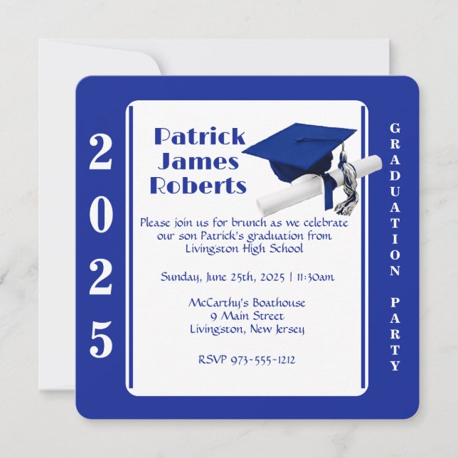 Invitación Graduación en cursiva y diploma, Royal Blue Roundi (Anverso)
