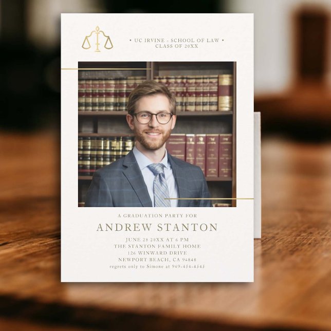 Invitación Graduación en Facultad de Derecho Escala Justicia  (law school graduation party invitation photo gold scales justice elegant modern frame logo template)