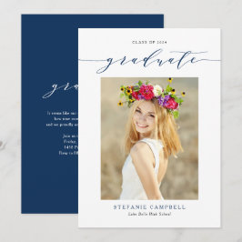 Invitación Graduación en Foto con Letra Caprichosa Azul Marin