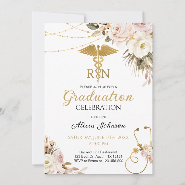 Invitación Graduación en la Escuela de Enfermería Boho Floral (Anverso)