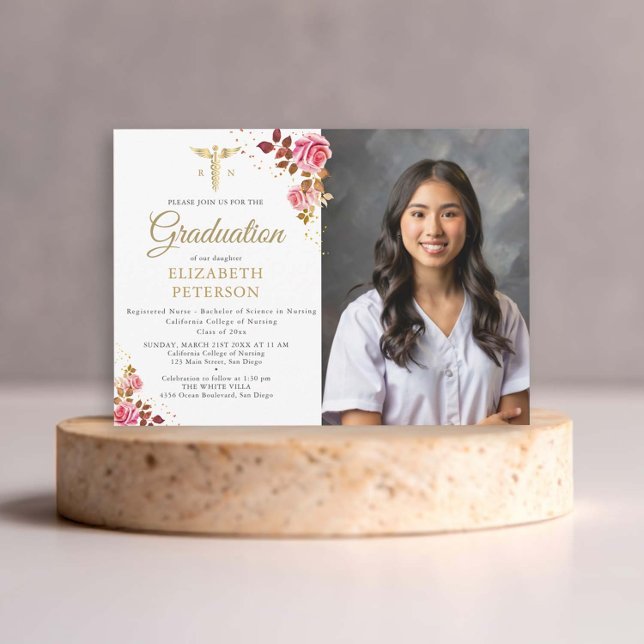 Invitación Graduación en la Escuela de Enfermería Caduceus de (nursing school graduation gold caduceum roses frame contemporary modern photo nurse watercolor class)