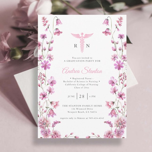 Invitación Graduación en la escuela de enfermería Caduco rosa (nursing school graduation pink caduceum wildflowers frame contemporary minimalist modern classy )