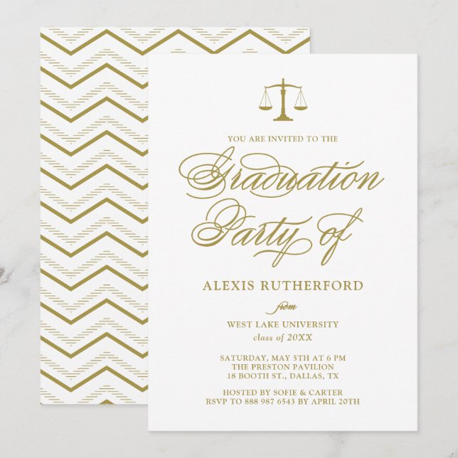 Invitación Graduación en la Facultad de Derecho Gold Elegant  (Anverso / Reverso)