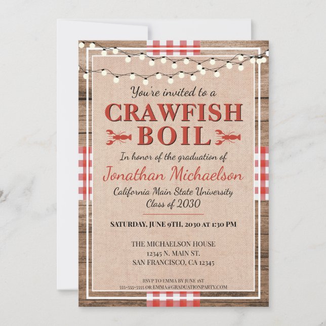 Invitación Graduación en la Universidad Rústica de Crawfish (Anverso)