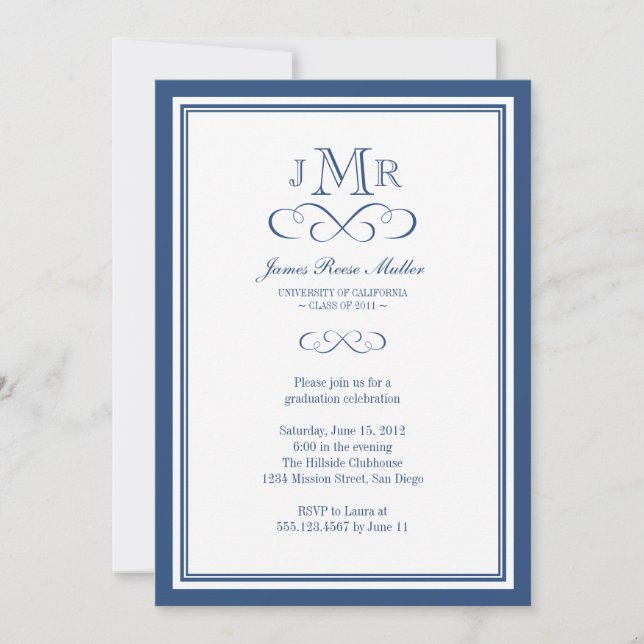 Invitación Graduación en monograma de marco azul marino (Anverso)