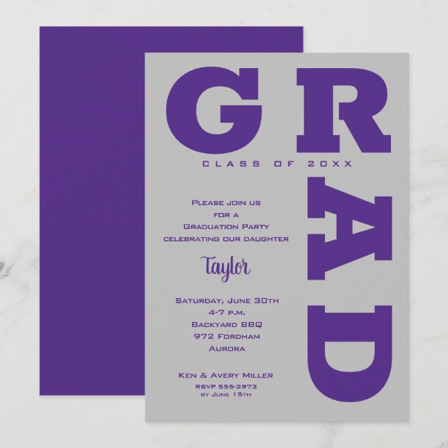 Invitación Graduación en negrita GRAD morado y gris (Anverso / Reverso)