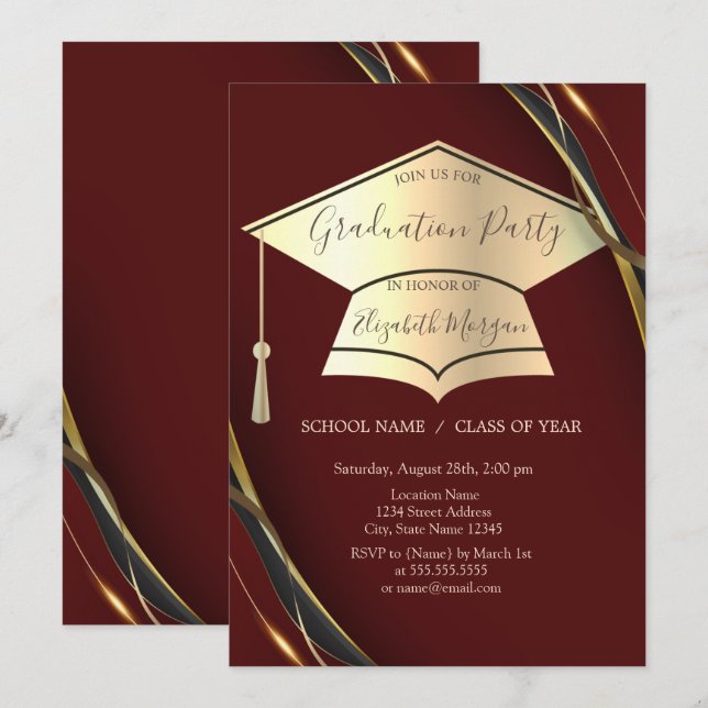 Invitación Graduación en negro con marco de cierre de graduac (Anverso / Reverso)