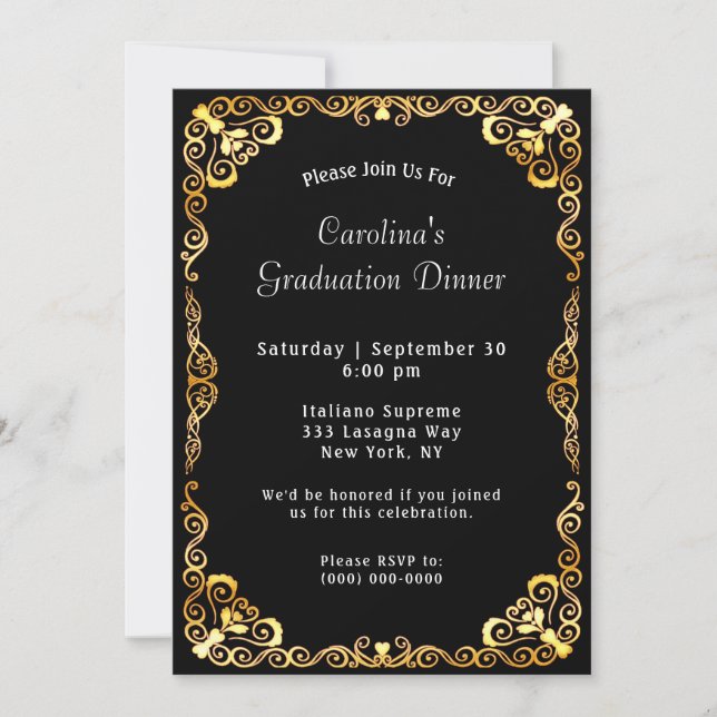 Invitación Graduación en negro de marco dorado (Anverso)