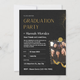Invitación Graduación en negro y dorado, con foto graduada