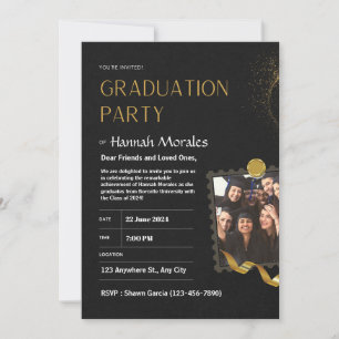 Invitación Graduación en negro y dorado, con foto graduada