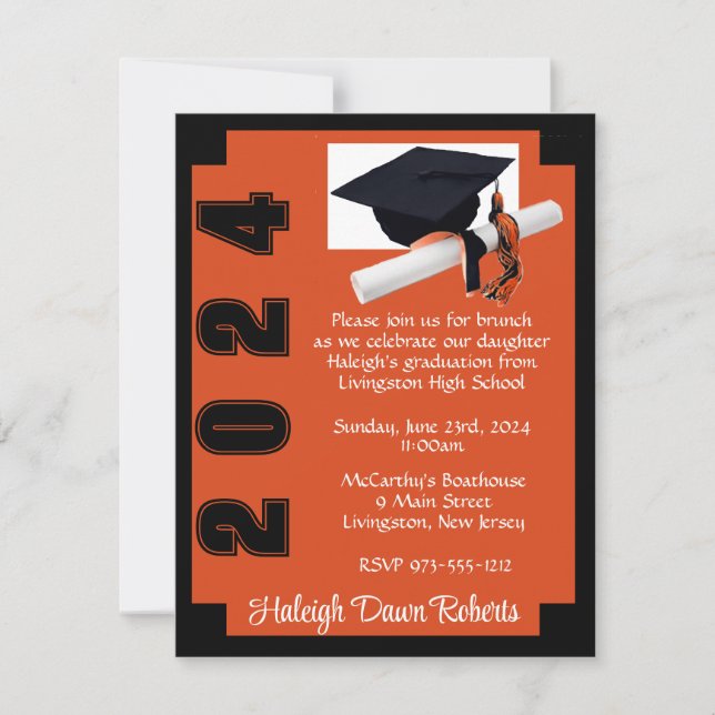 Invitación Graduación en negro y Naranja en bloque de esquina (Anverso)