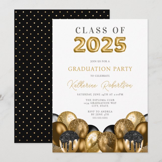 Invitación Graduación en negro y oro (Anverso / Reverso)