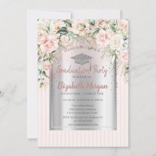 Invitación Graduación en rayas de gol de plata de rosas