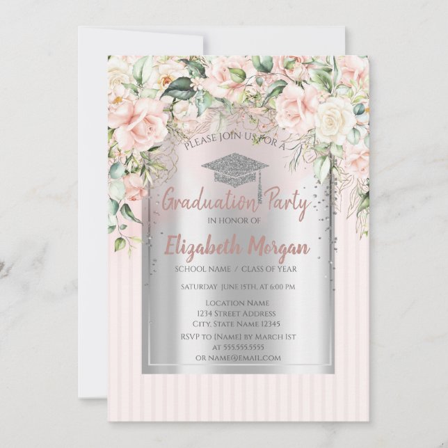 Invitación Graduación en rayas de gol de plata de rosas (Anverso)