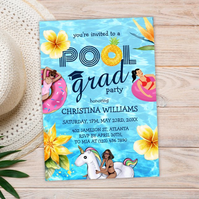 Invitación Graduación escolar de Fiesta de posgrado de moda (Trendy Pool Grad Party High School Graduation Invitation)