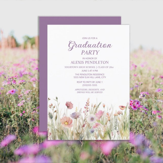 Invitación Graduación escolar secundaria Pink Purple Wildflow (Wildflowers purple graduation party invitations)