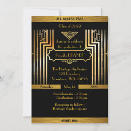 Invitación Graduación, estilo de Gatsby, boleto, oro negro