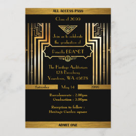 Invitación Graduación, estilo Gatsby, boleto, oro negro