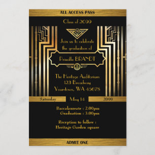 Invitación Graduación, estilo Gatsby, boleto, oro negro