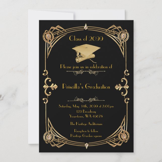 Invitación Graduación, estilo Gatsby, oro negro, monograma ha (Anverso)