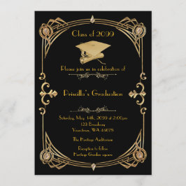 Invitación Graduación, estilo Gatsby, oro negro, monograma ha