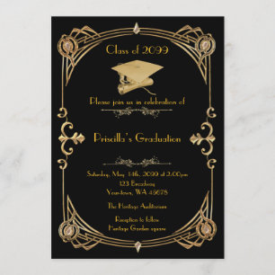 Invitación Graduación, estilo Gatsby, oro negro, monograma ha