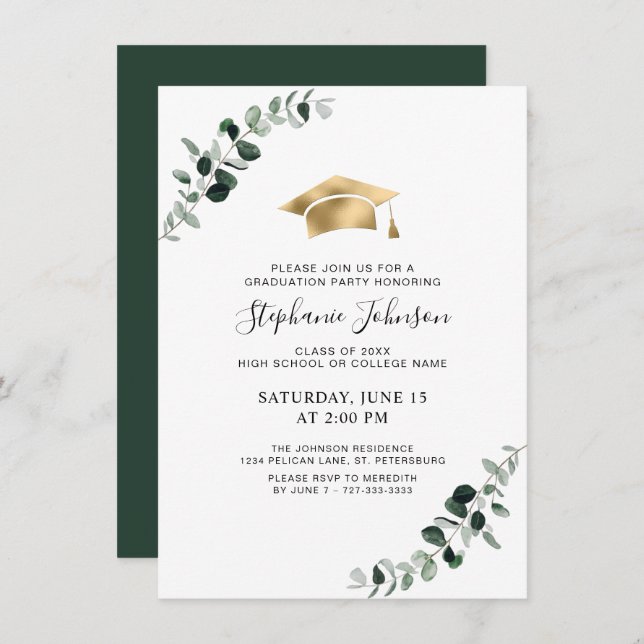 Invitación Graduación Eucalyptus Gold Cap y Tassel Fiesta (Anverso / Reverso)