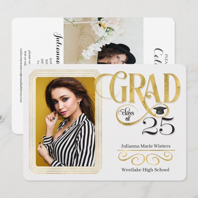 Invitación Graduación Faux Gold Leaf Class of 2025 Photo (Anverso / Reverso)