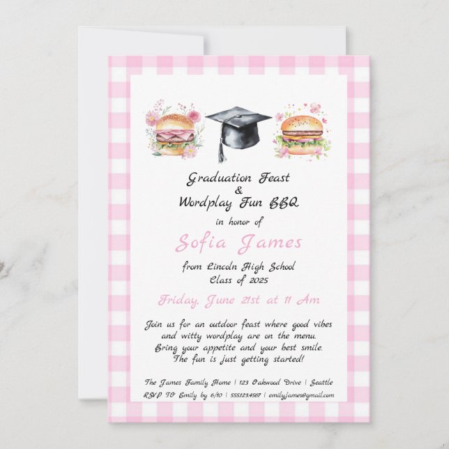 Invitación Graduación Festín y Wordplay Fiesta de barbacoa (Anverso)
