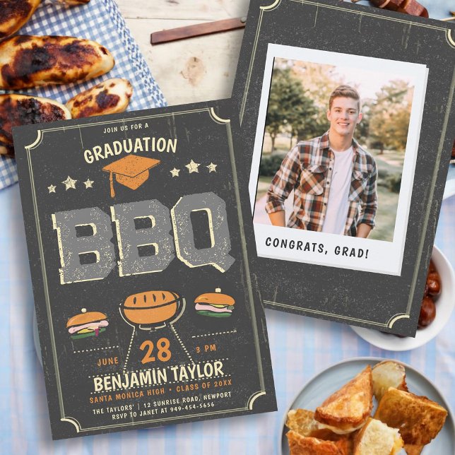 Invitación Graduación Fiesta BBQ Foto rústica de campo de cow (male high school graduation party ideas bbq party invitations grad photo template rustic country)