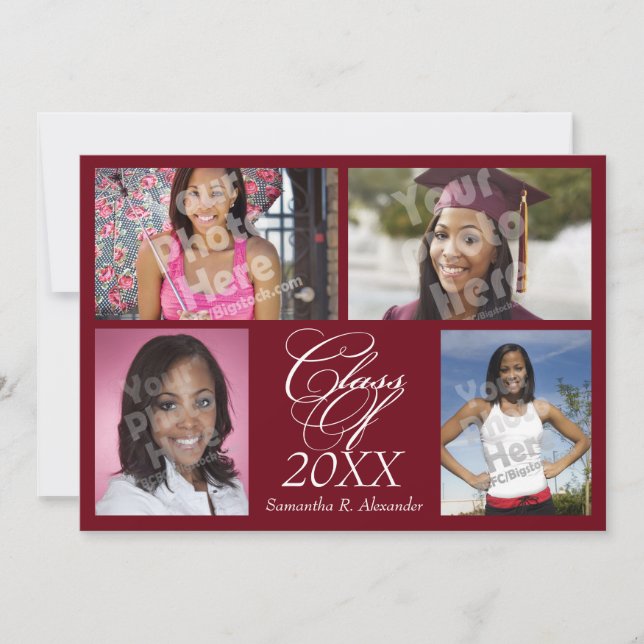 Invitación Graduación/Fiesta de Borgoña de 4 Collages de foto (Anverso)
