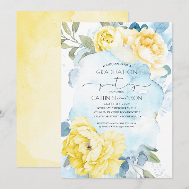 Invitación Graduación floral amarillo y azul turbio (Anverso / Reverso)