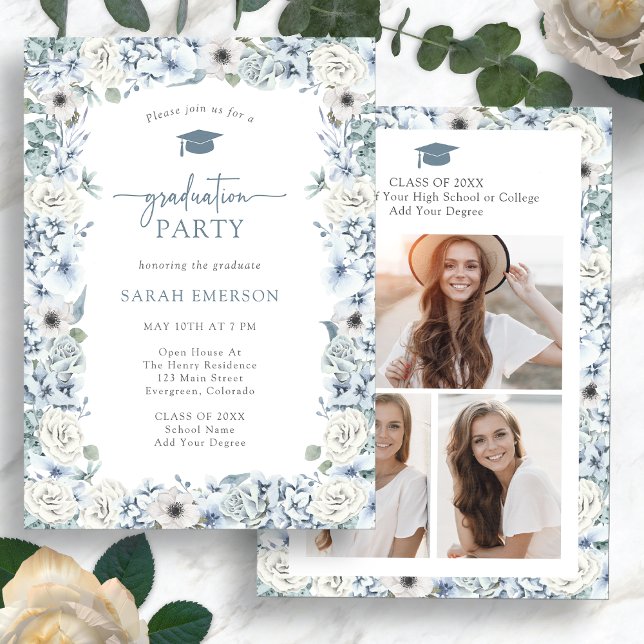 Invitación Graduación Floral Azul (Watercolor Blue Floral Graduation Party Invitation Photo Collage by Painted Paperie
)