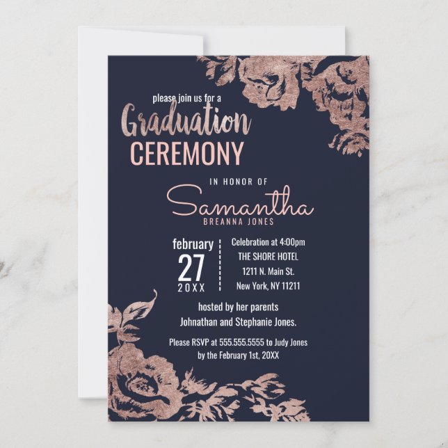 Invitación Graduación floral azul marino y oro Rosa (Anverso)