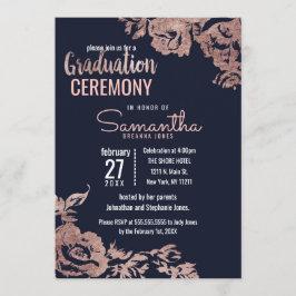 Invitación Graduación floral azul marino y oro Rosa