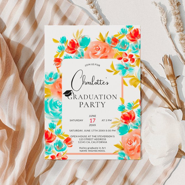 Invitación Graduación floral azul naranja brillante bohemio (Bohemian bright orange blue floral graduation invitation)